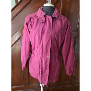 London Fog Womens Medium Burgundy Jacket With Zippered Pockets & Geometric Print